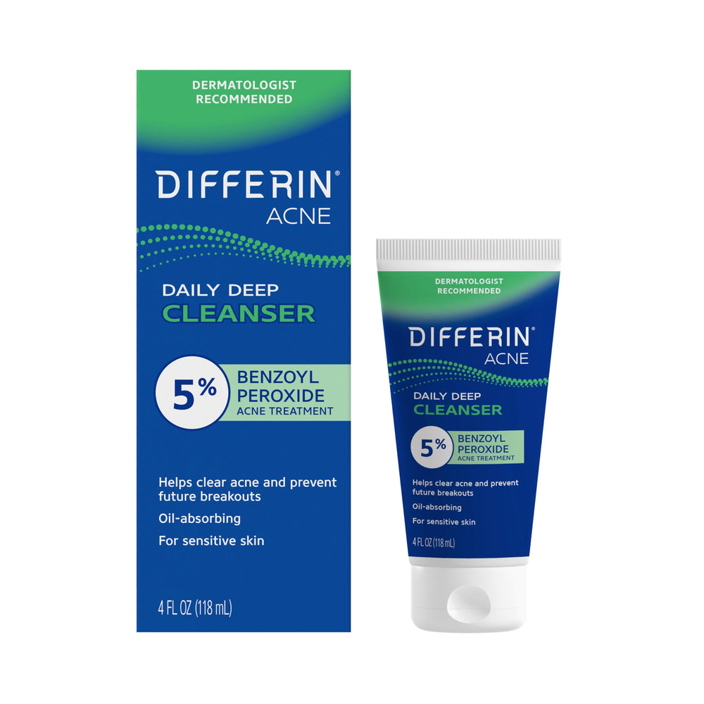 Differin Acne Face Wash bottle showing 5% benzoyl peroxide for deep cleansing.