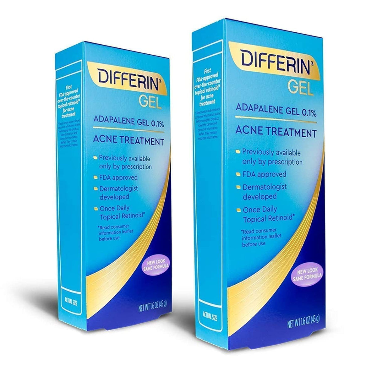 Differin gel 0.1% tube highlights acne treatment for clearer pores.