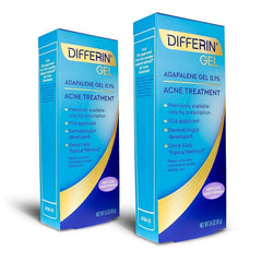 Differin gel 0.1% tube highlights acne treatment for clearer pores.