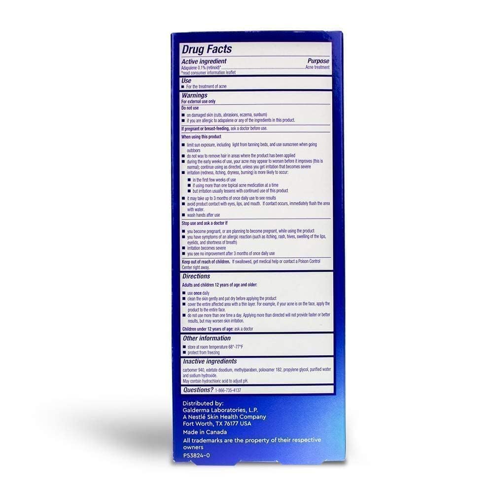 Differin gel label close-up emphasizes Rx-strength retinoid power.