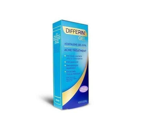 Differin gel outer box on shelf communicates trusted acne care brand.