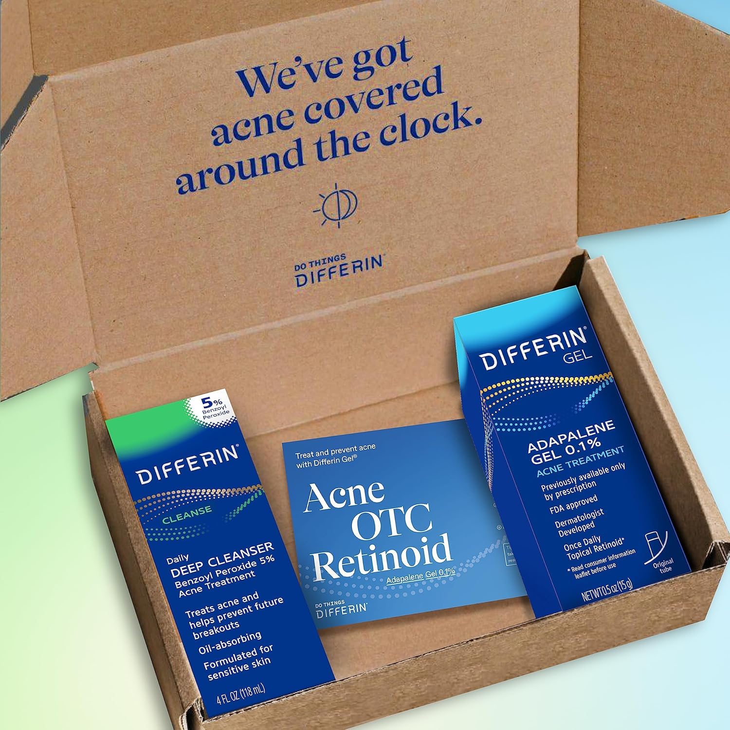 Differin kit open packaging showing components and instructions.