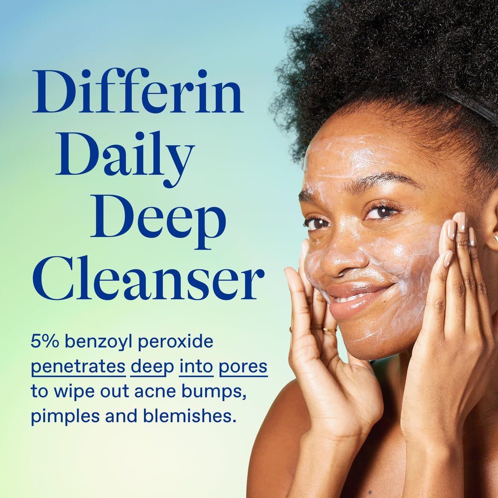 Differin packaging shows dermatologist-developed cleanser for acne-prone skin.