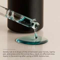 DIME Beauty Blue Facial Oil application demonstrates gentle hydration and skin balance.