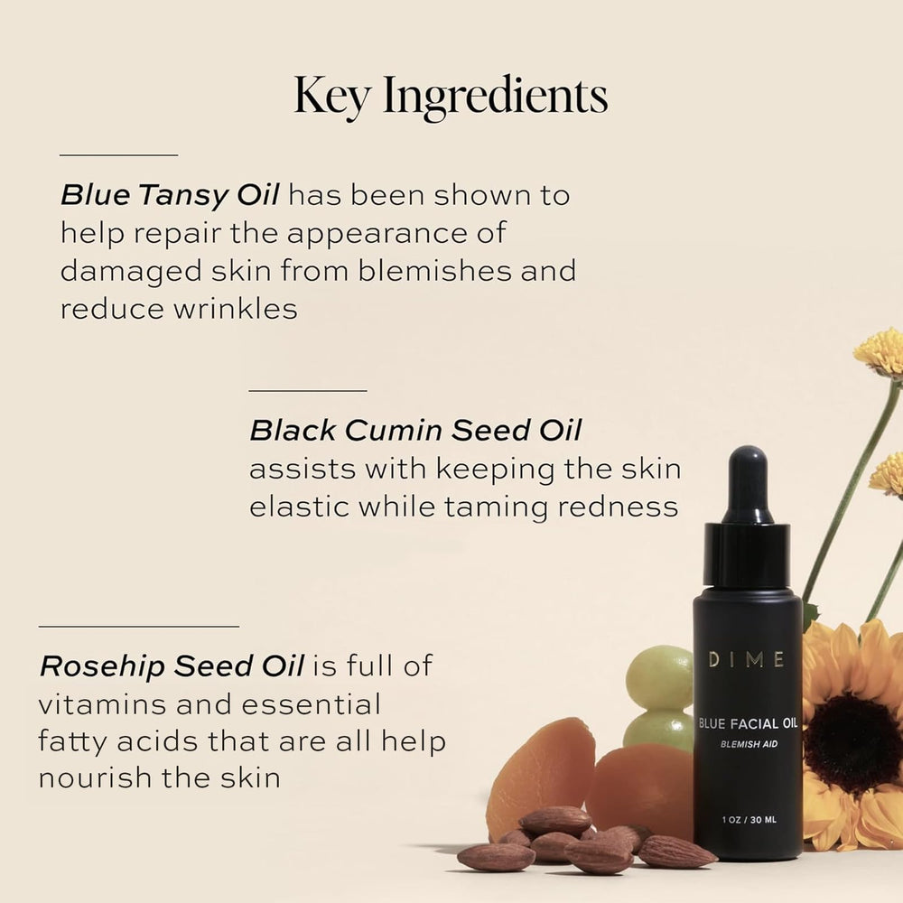 DIME Beauty Blue Facial Oil dropper delivering hydrating oil for blemish-prone skin.