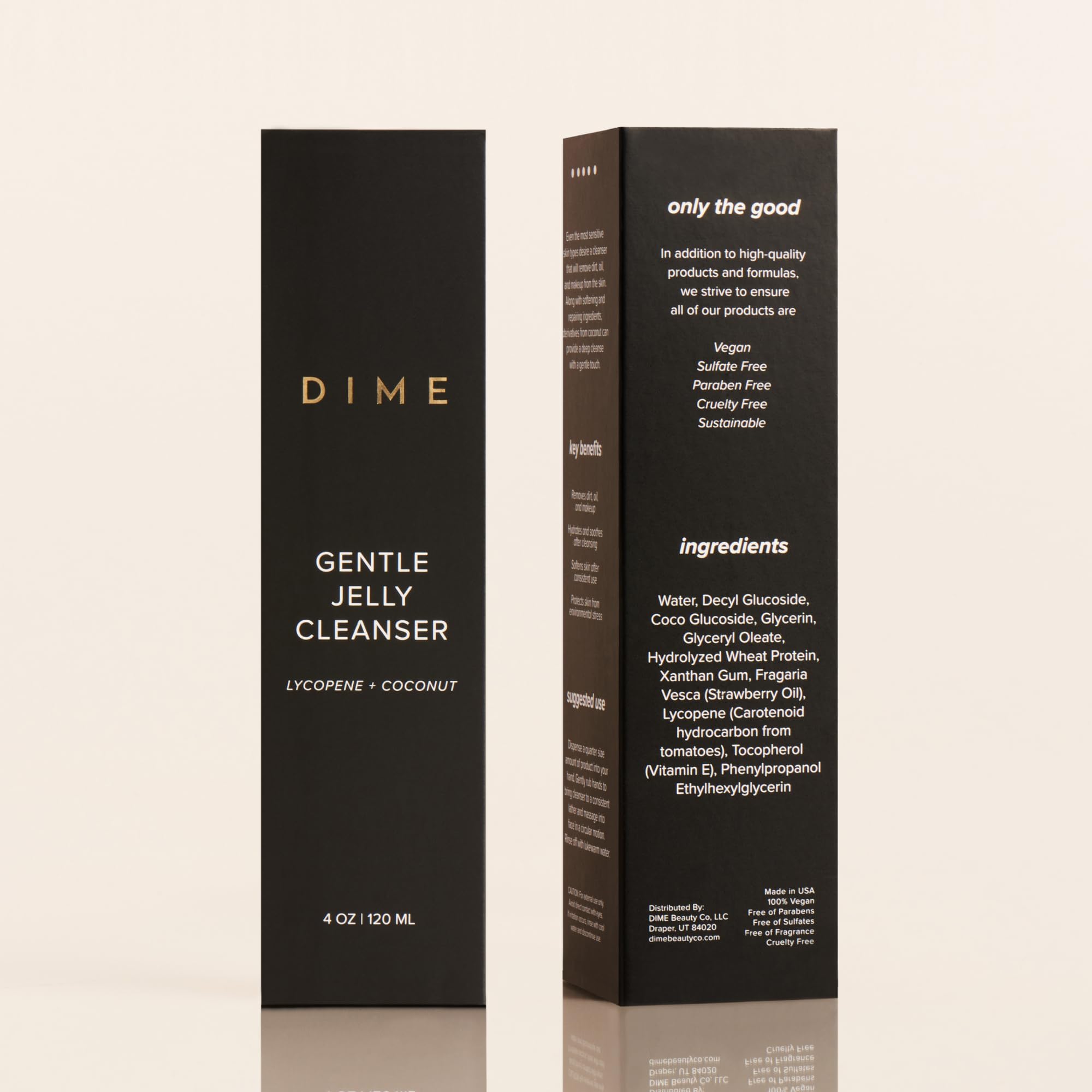 DIME packaging emphasizes sustainable, vegan, cruelty-free promise.