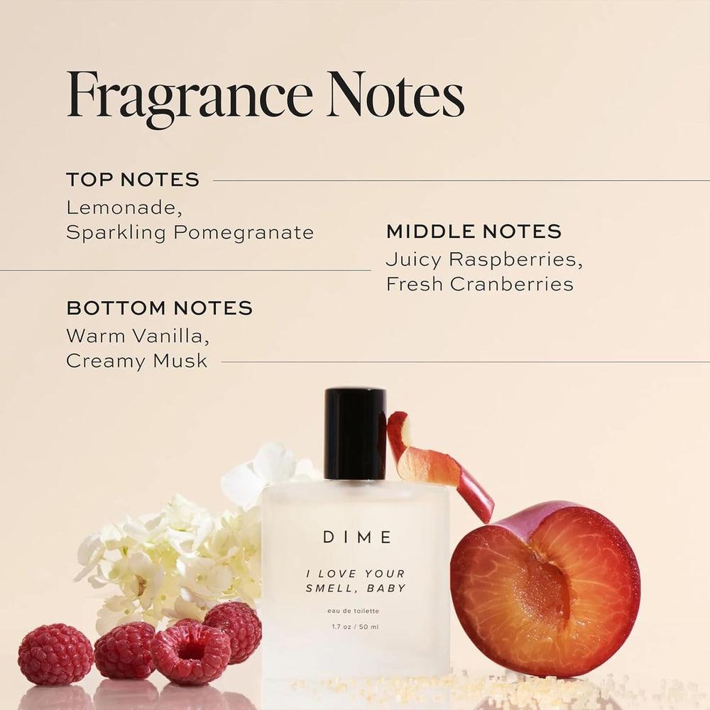 DIME I Love Your Smell Baby bottle angled view, travel-friendly fragrance with a sweet, fruity vibe