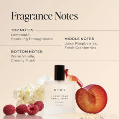 DIME I Love Your Smell Baby bottle angled view, travel-friendly fragrance with a sweet, fruity vibe