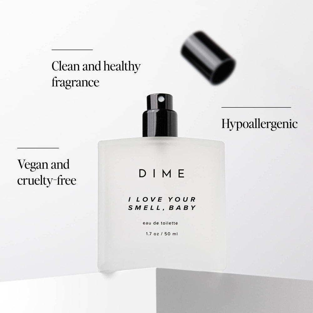 DIME I Love Your Smell Baby packaging box, eco-conscious design echoing clean ingredients and vegan formula