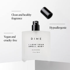 DIME I Love Your Smell Baby packaging box, eco-conscious design echoing clean ingredients and vegan formula