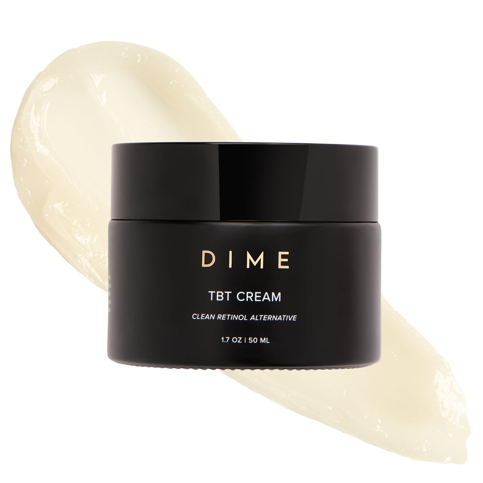 DIME Beauty TBT Cream bottle-top close-up for smoother, rested-looking skin overnight.