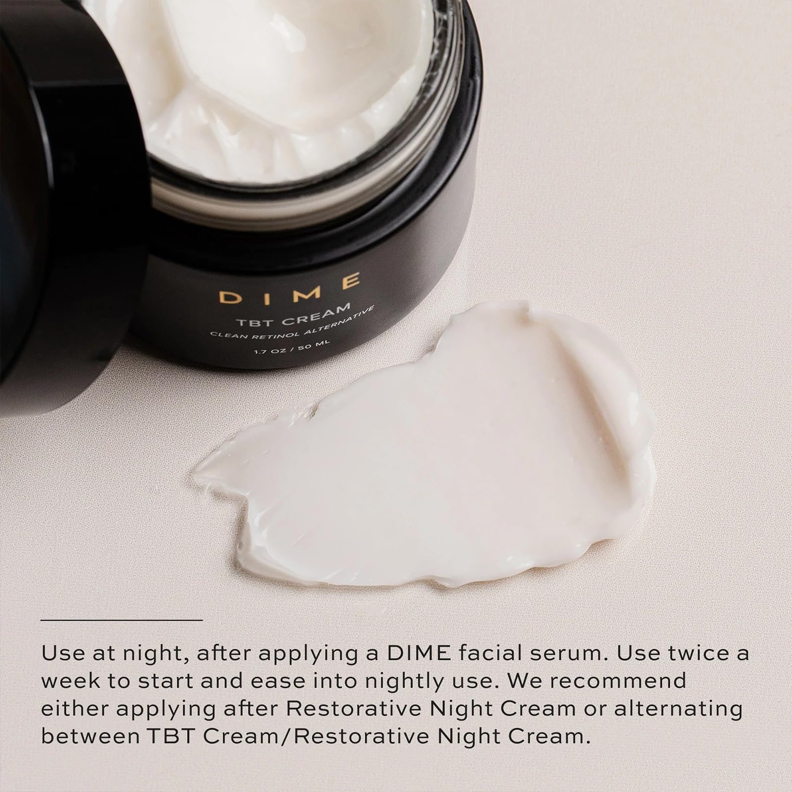 DIME Beauty TBT Cream jar-closed shows elegant label and compact size for travel.