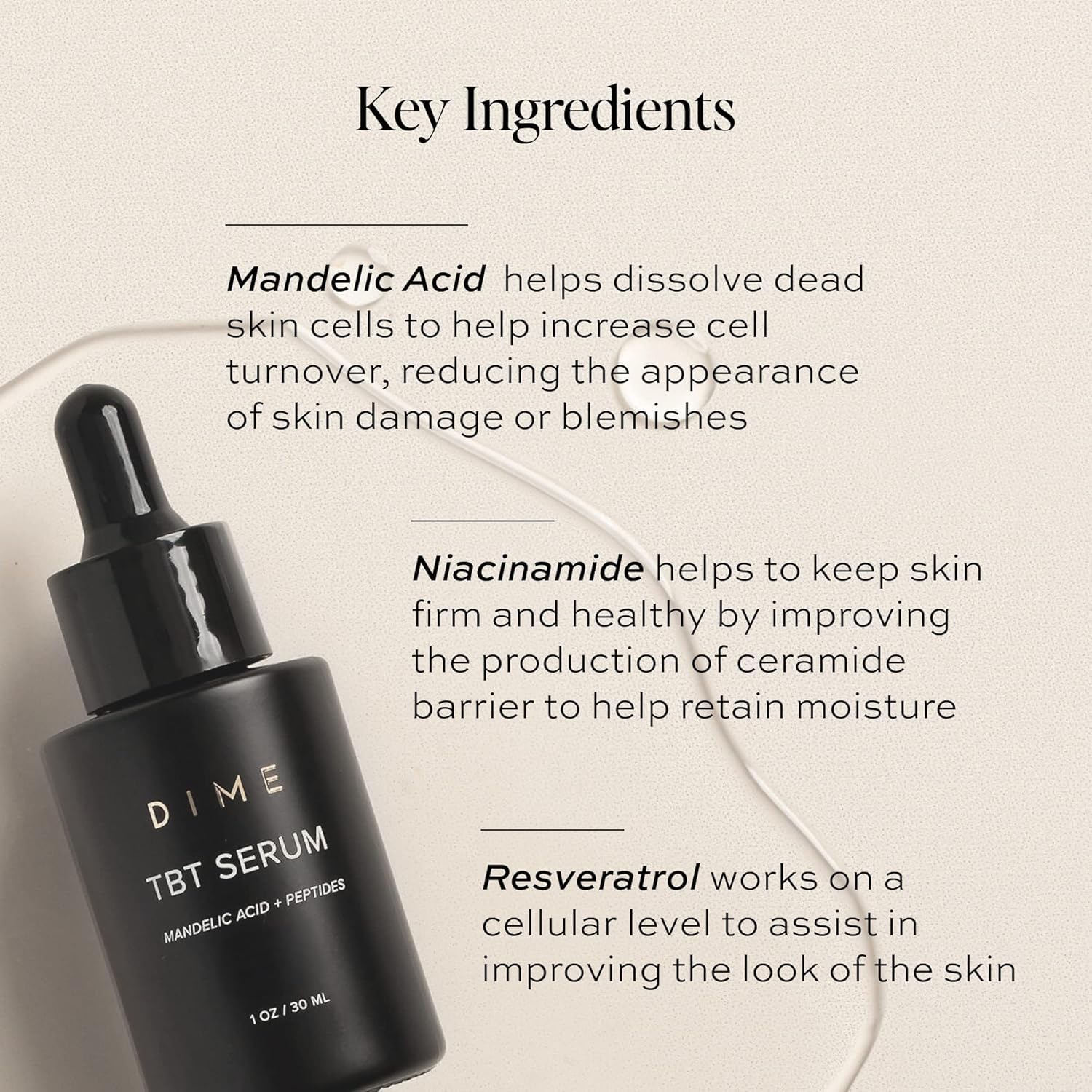 DIME Beauty TBT Serum pump drops demonstrating easy, precise application.
