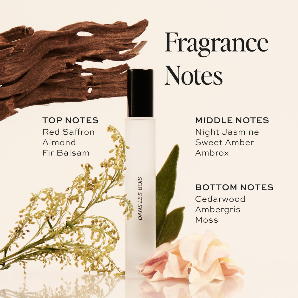 DIME Dans Les Bois middle notes bottle; warm jasmine and amber for everyday wear.