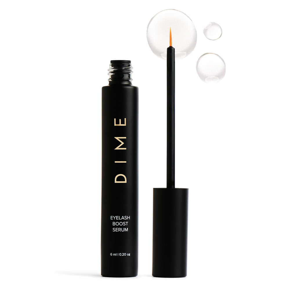 DIME Eyelash Boost Serum bottle close-up showing nourishing formula for healthier lashes