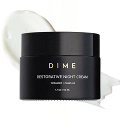 DIME Restorative Night Cream bottle close-up showing hydrating overnight skin support.