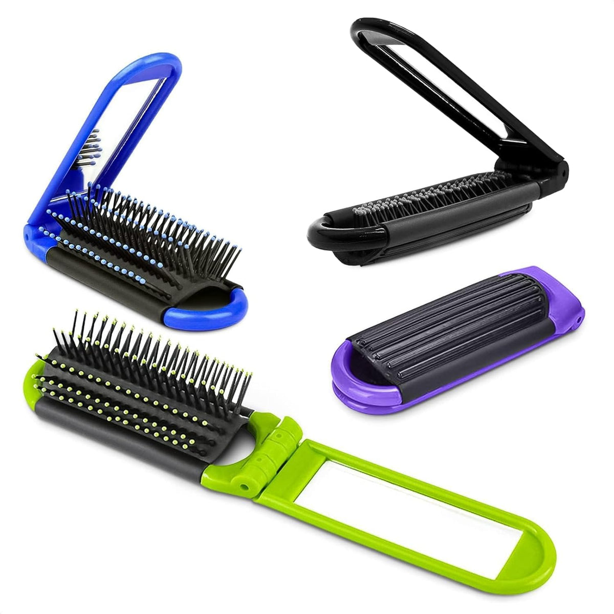 DIMROM blue folding travel hair brush with mirror for quick touch-ups on the go