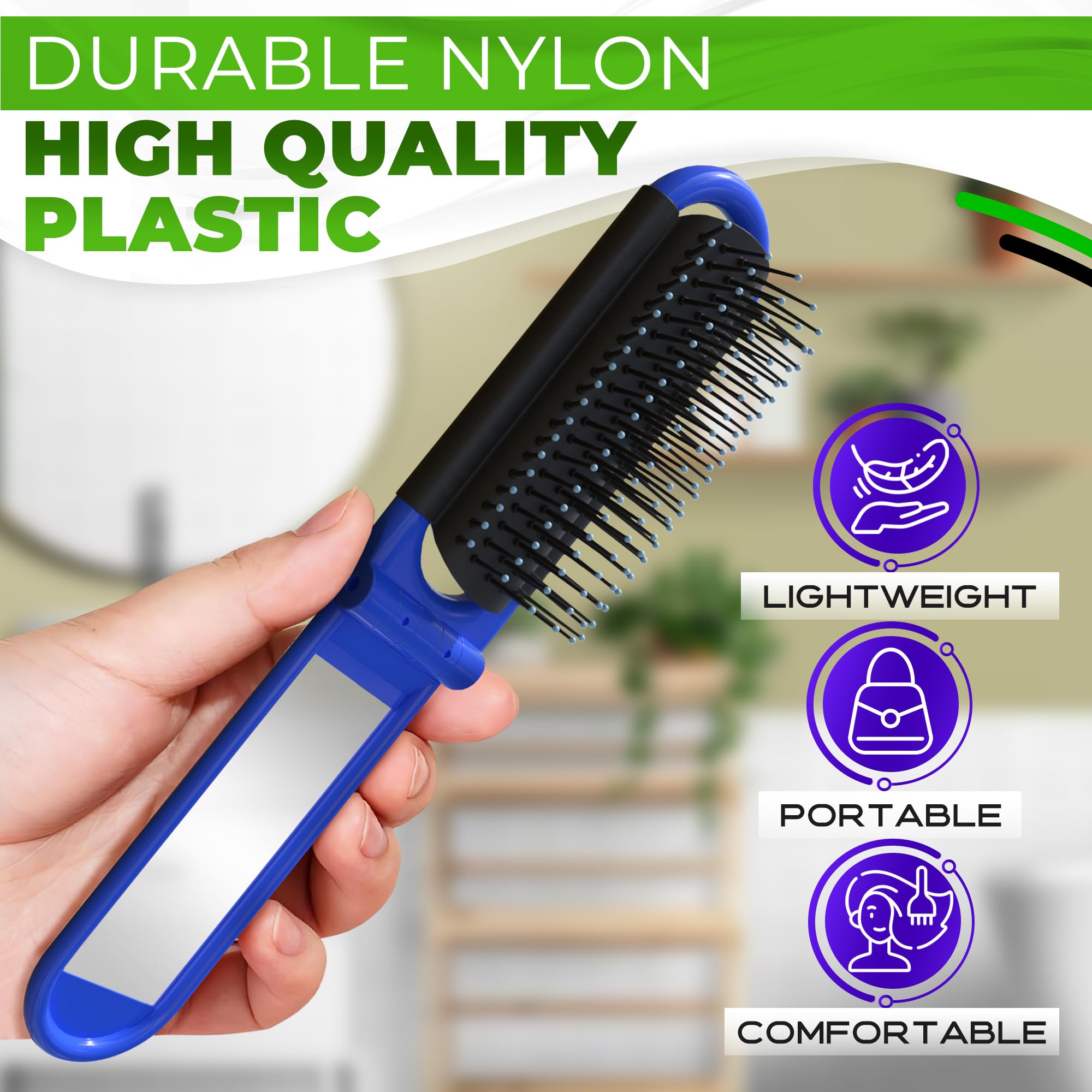 DIMROM green folding travel hair brush with mirror for on-the-go styling
