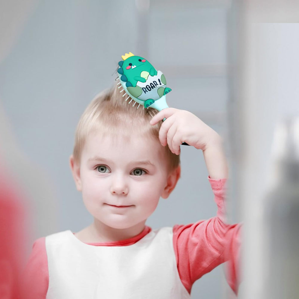 DINATIS compact kids brush fits in small bags for on-the-go grooming.