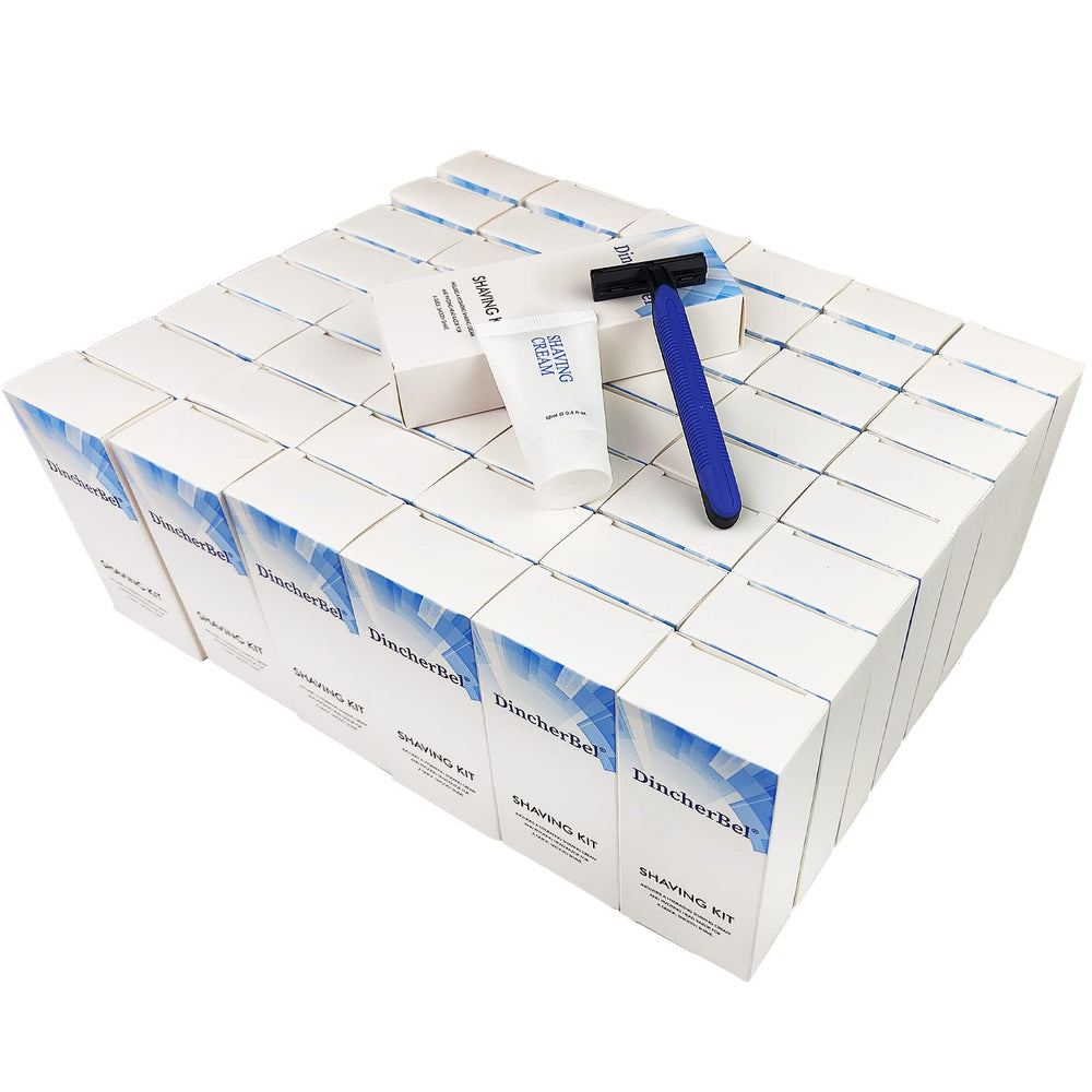 DincherBel shave kit bulk packaging shows 50 individually wrapped sets for hotel stocking.