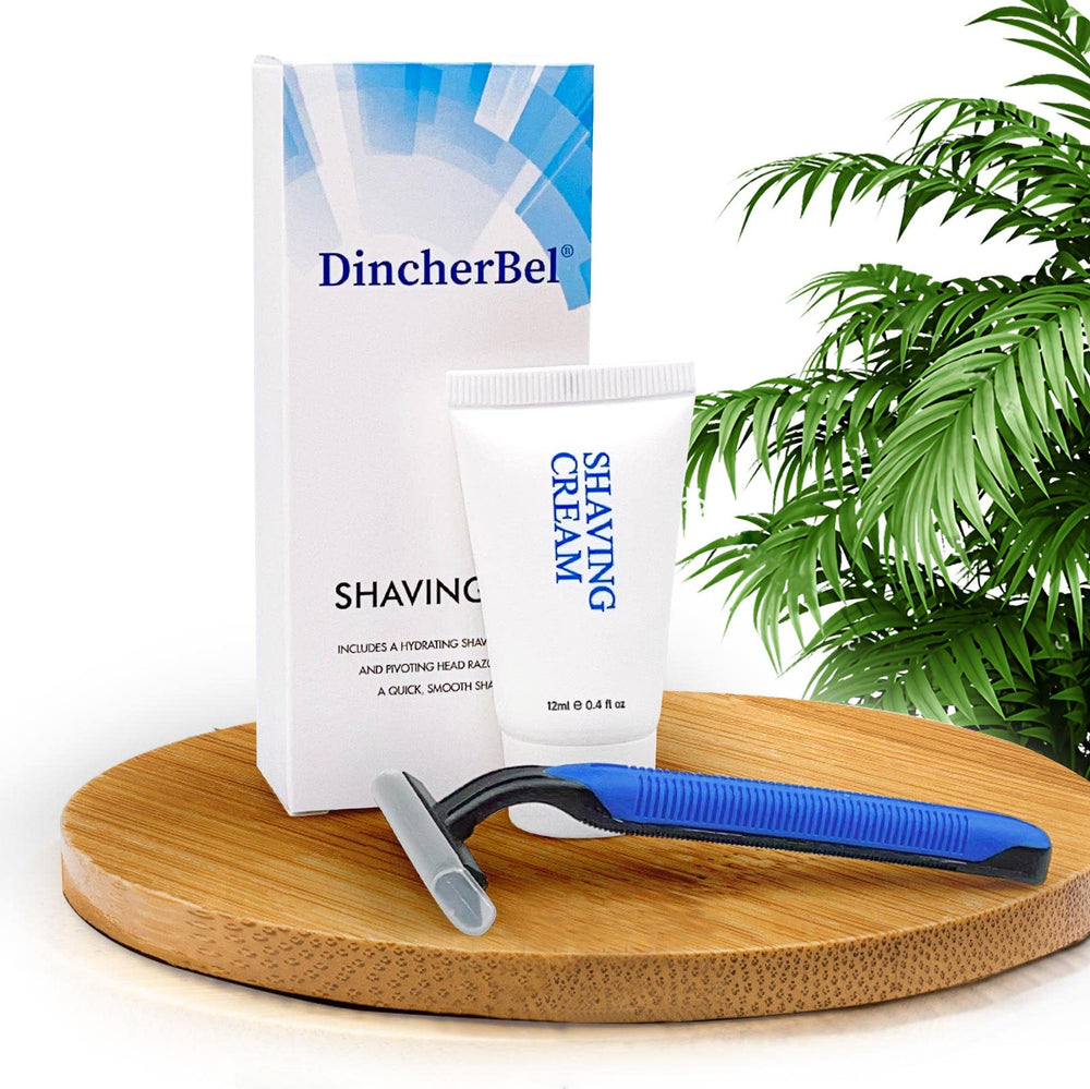 DincherBel twin-blade razor with clear safety cap ready for guest rooms.