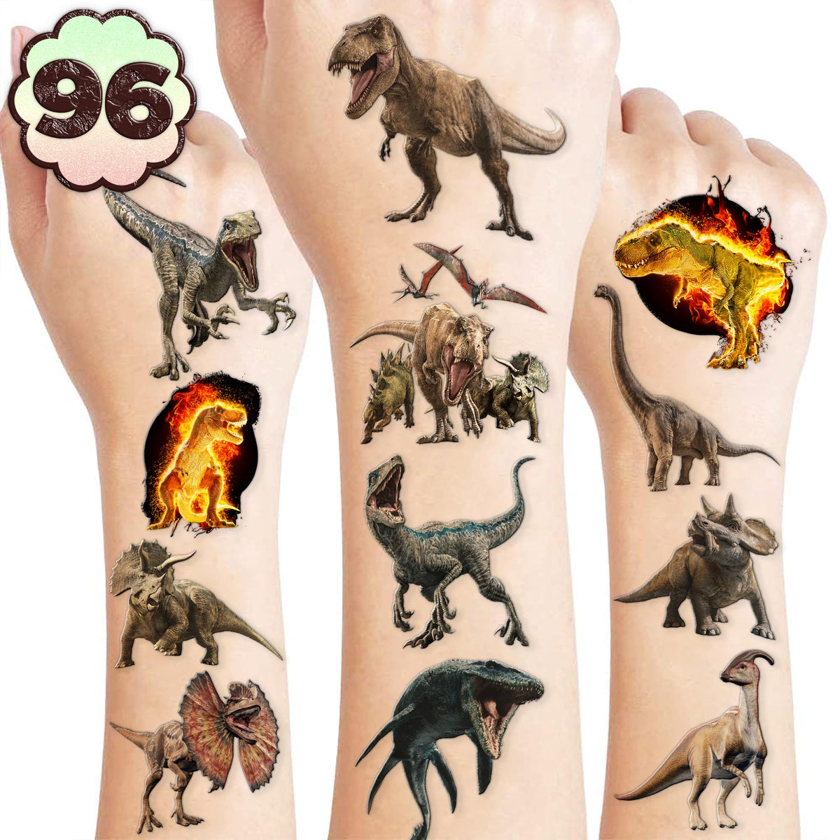Dinosaur 3D temporary tattoos sheet closeup with vibrant designs for party favors