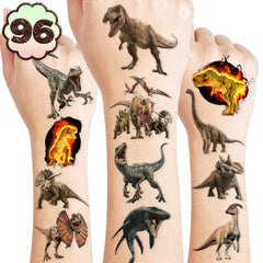 Dinosaur 3D temporary tattoos sheet closeup with vibrant designs for party favors