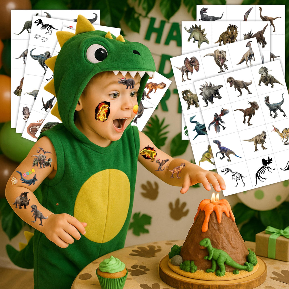 Dinosaur 3D temporary tattoos sheets laid out for easy party decorations
