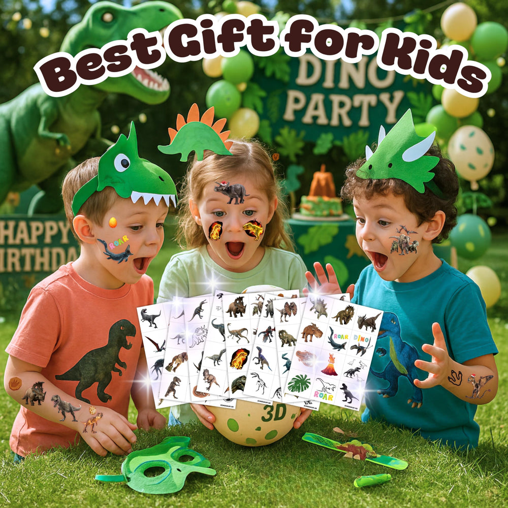 Eight perforated sheets of Dinosaur 3D tattoos for quick tear-apart use