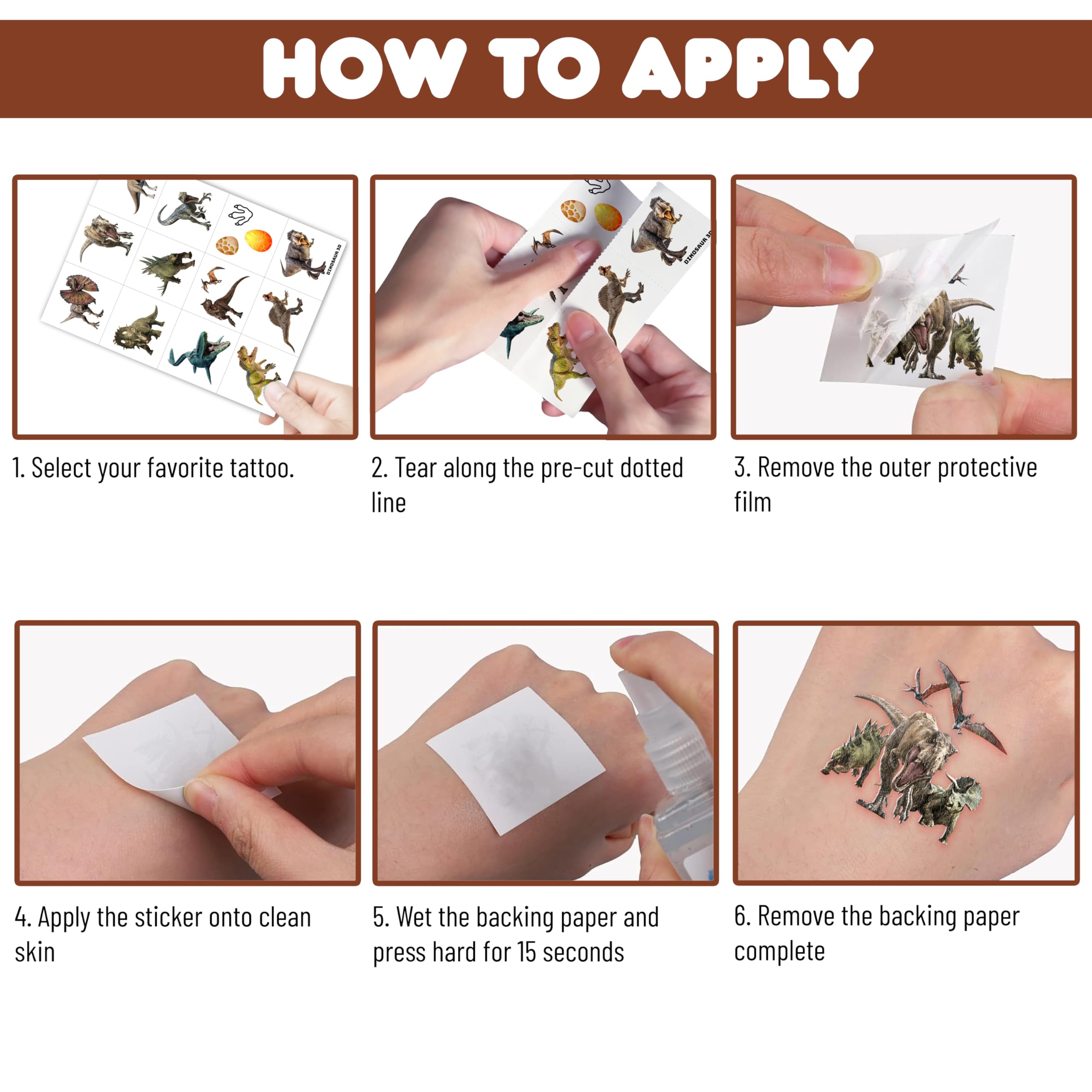 Skin-safe, easy-tear Dinosaur 3D tattoos shown on a smooth surface