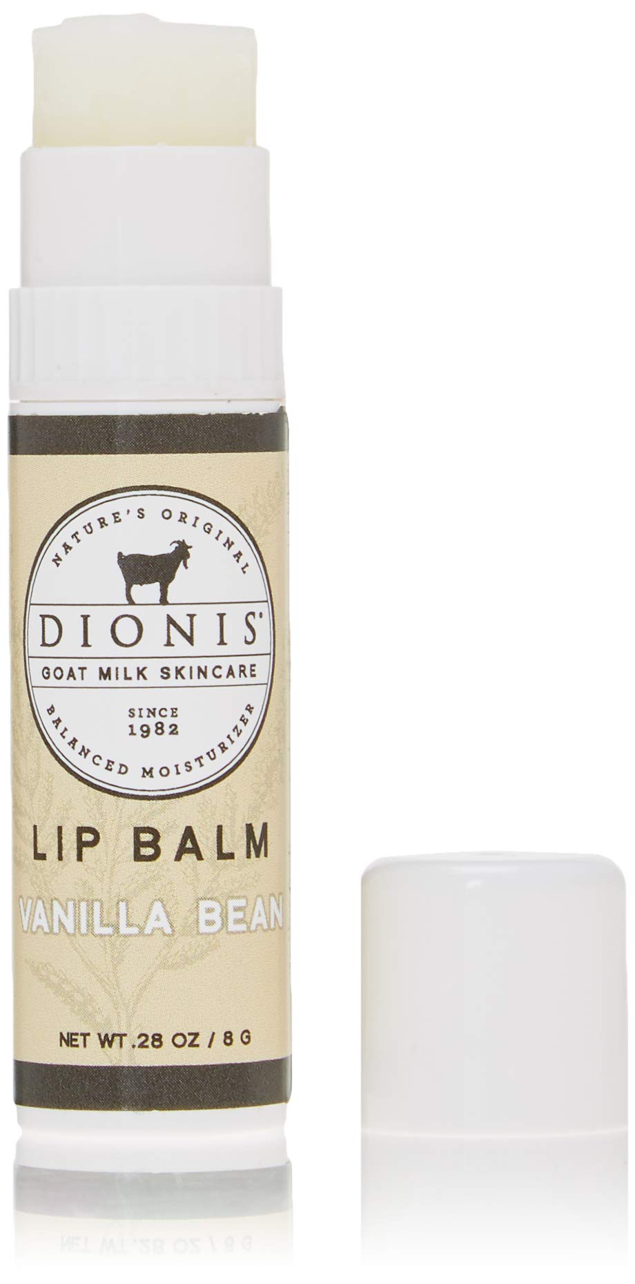 Balsamo labial de Dionis leche cabra vainilla en tubo, hidratación suave.