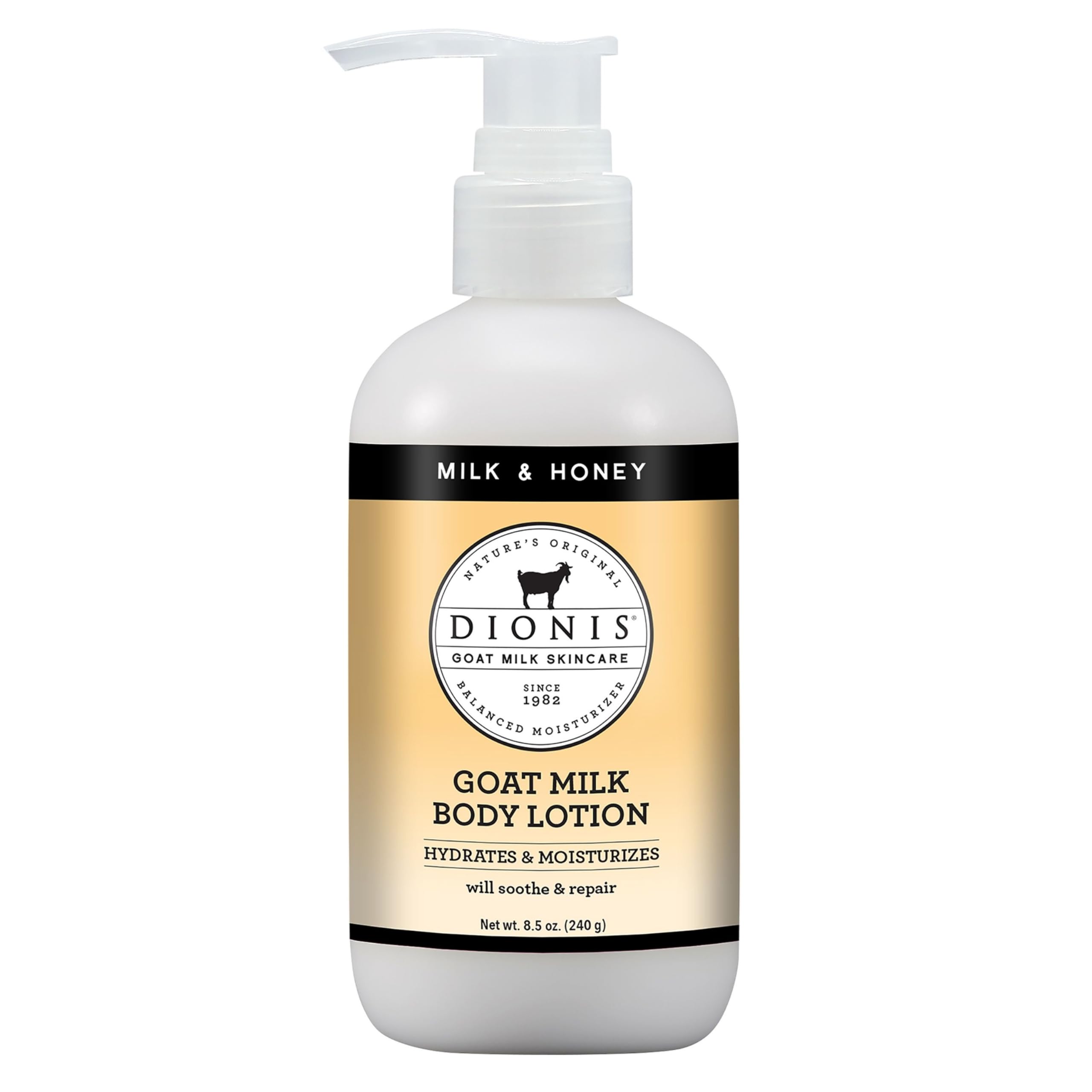 Dionis Leche de Cabra Crema Corporal en frasco de 8.5 oz para hidratación suave.