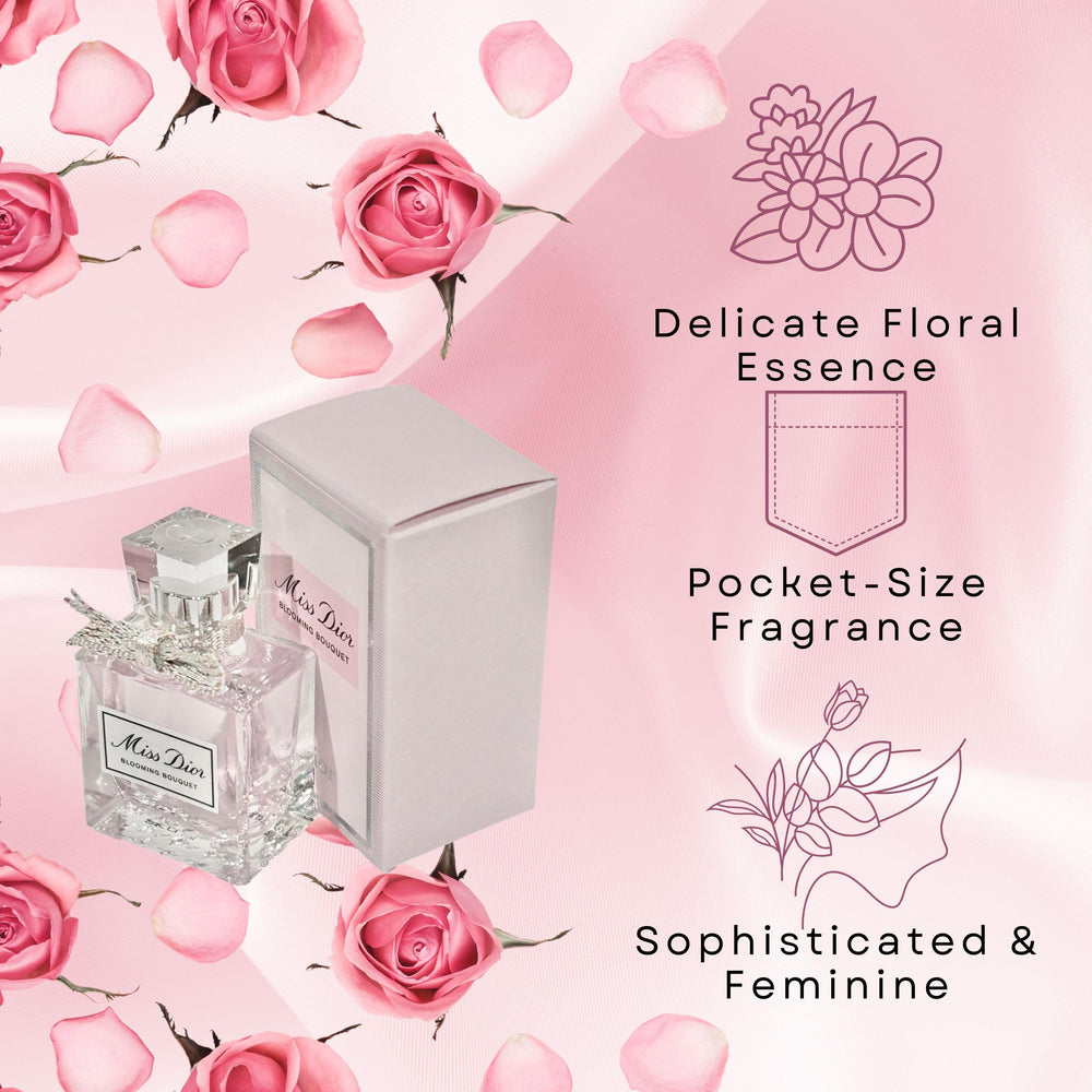 Elegant Dior Miss Dior Blooming Bouquet bottle design for luxury travel.