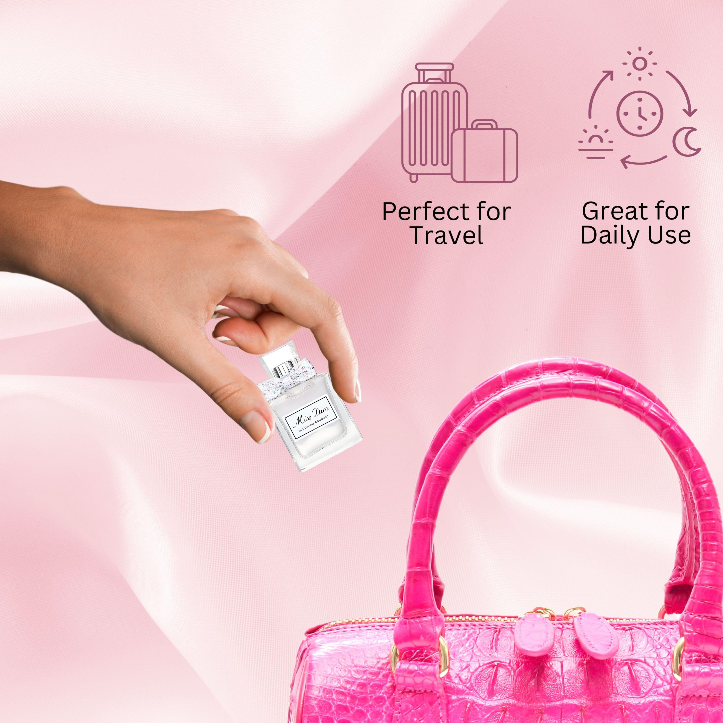 Travel size Miss Dior Blooming Bouquet fits handbags and clutches.