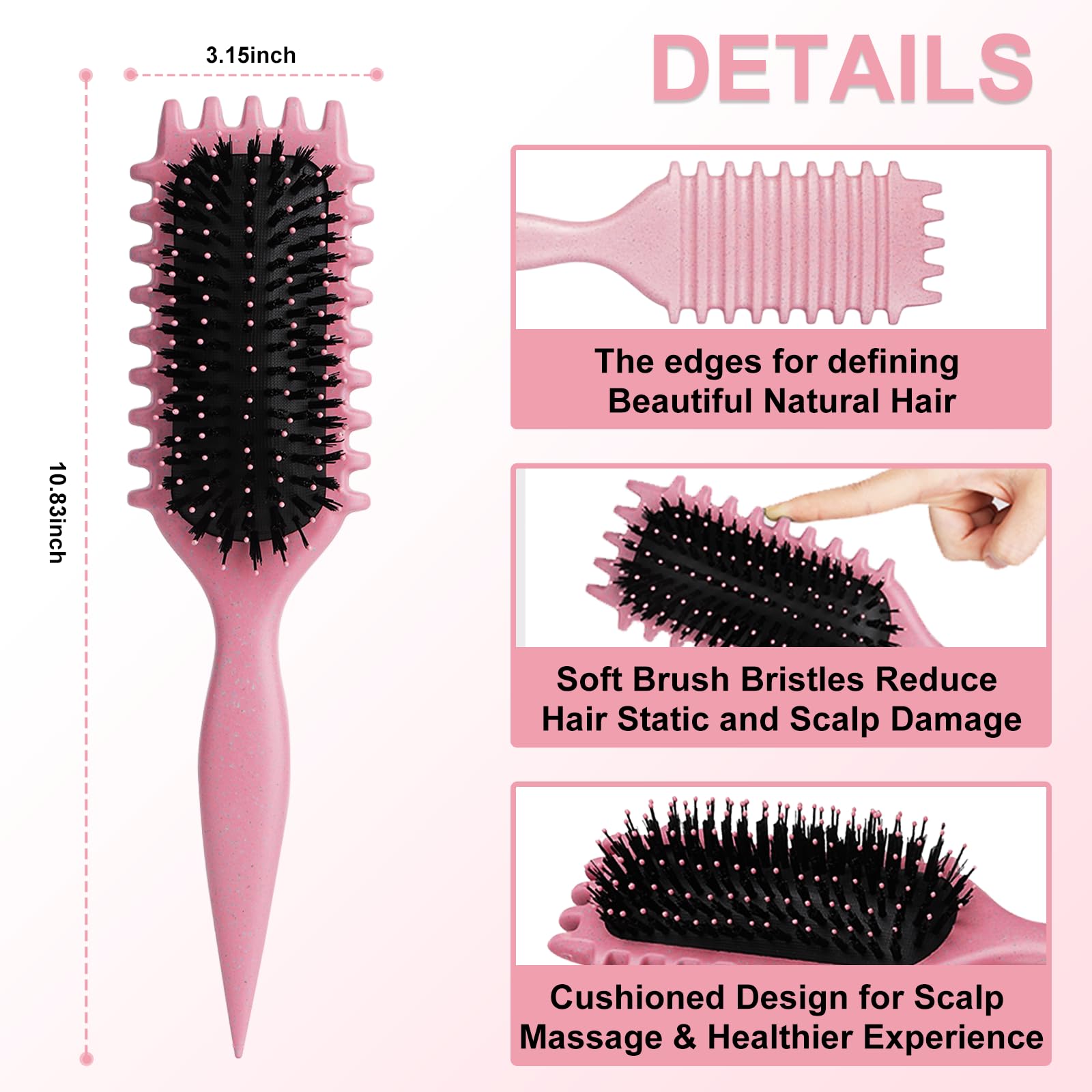 DiorSun Curly Hair Brush pink-side-comb helps distribute hair evenly while styling.