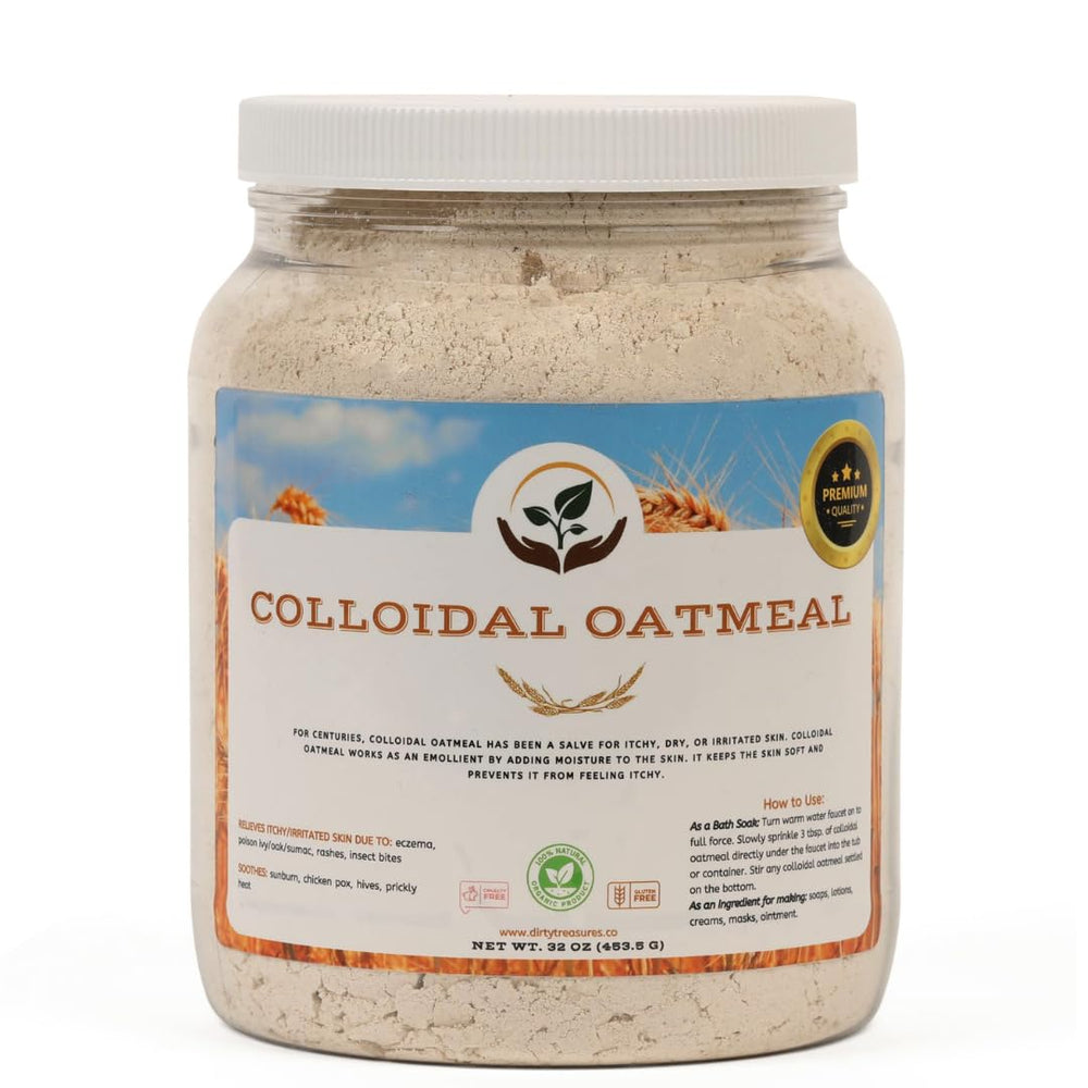 Dirty Treasures colloidal oatmeal bath bottle showing fragrance-free formula for gentle skin soothing.