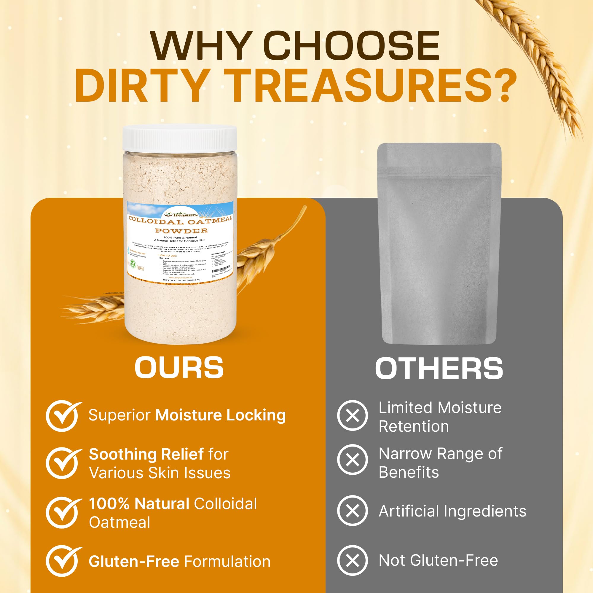 Dirty Treasures Colloidal Oatmeal Bath measurement cup illustrates precise scooping for bath prep