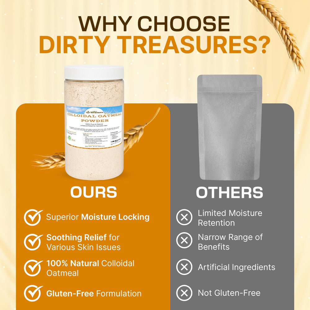 Dirty Treasures Colloidal Oatmeal Bath measurement cup illustrates precise scooping for bath prep