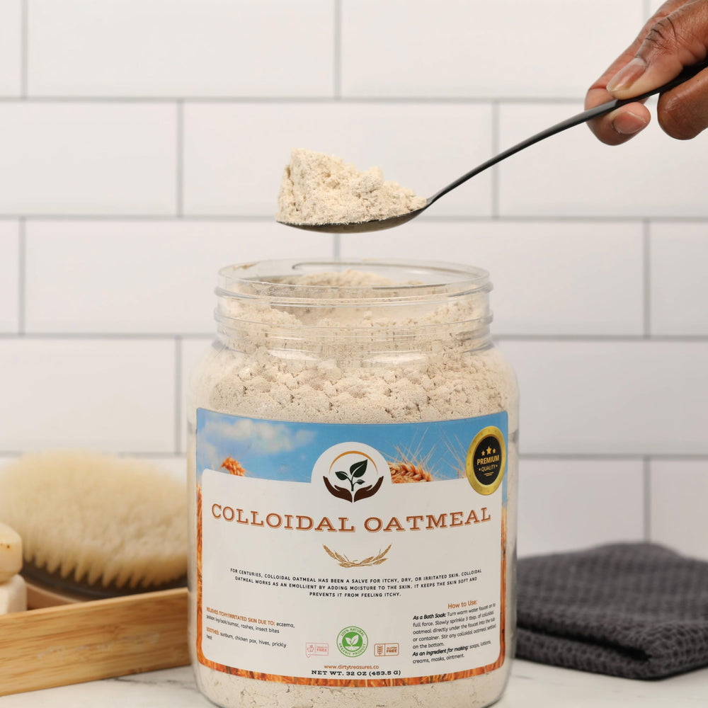 Dirty Treasures Colloidal Oatmeal Bath in a relaxing bath scene suggests calm routine