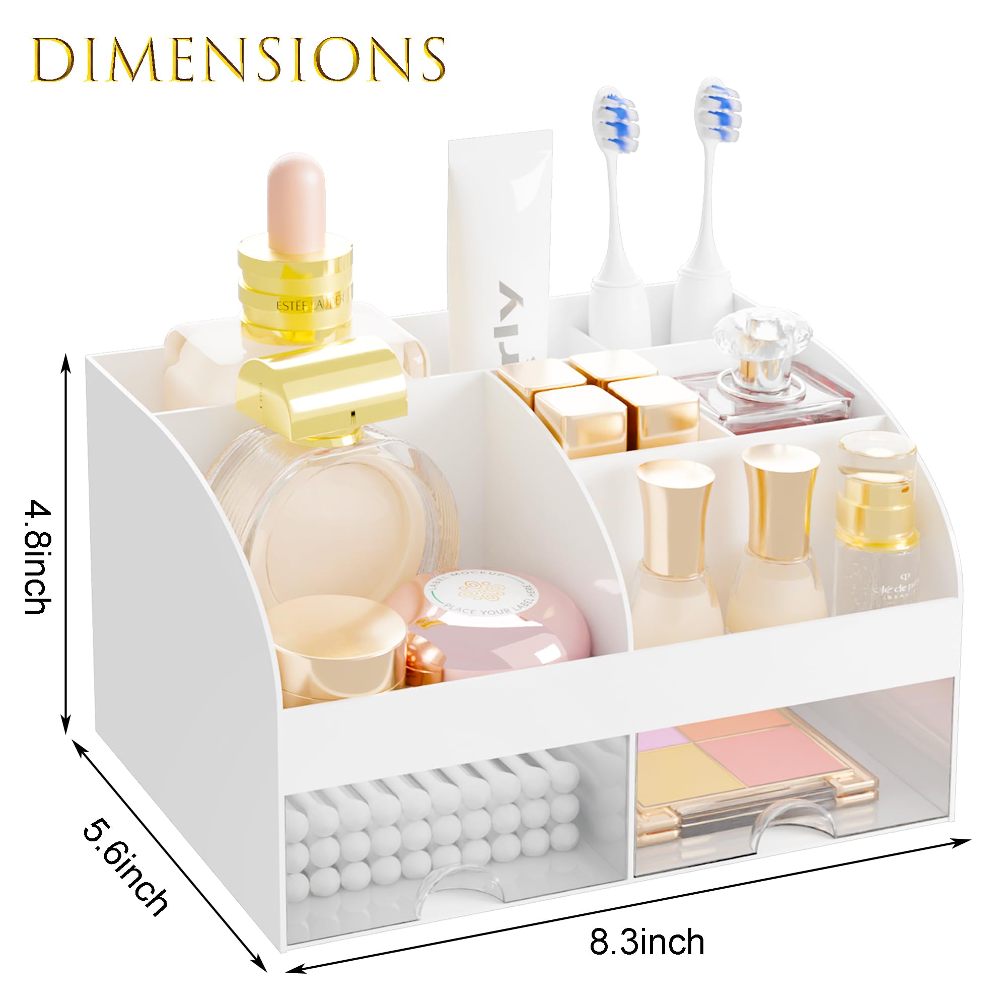 DIRZHX organizer interior with 6 compartments and two drawers keeps brushes and cosmetics organized.