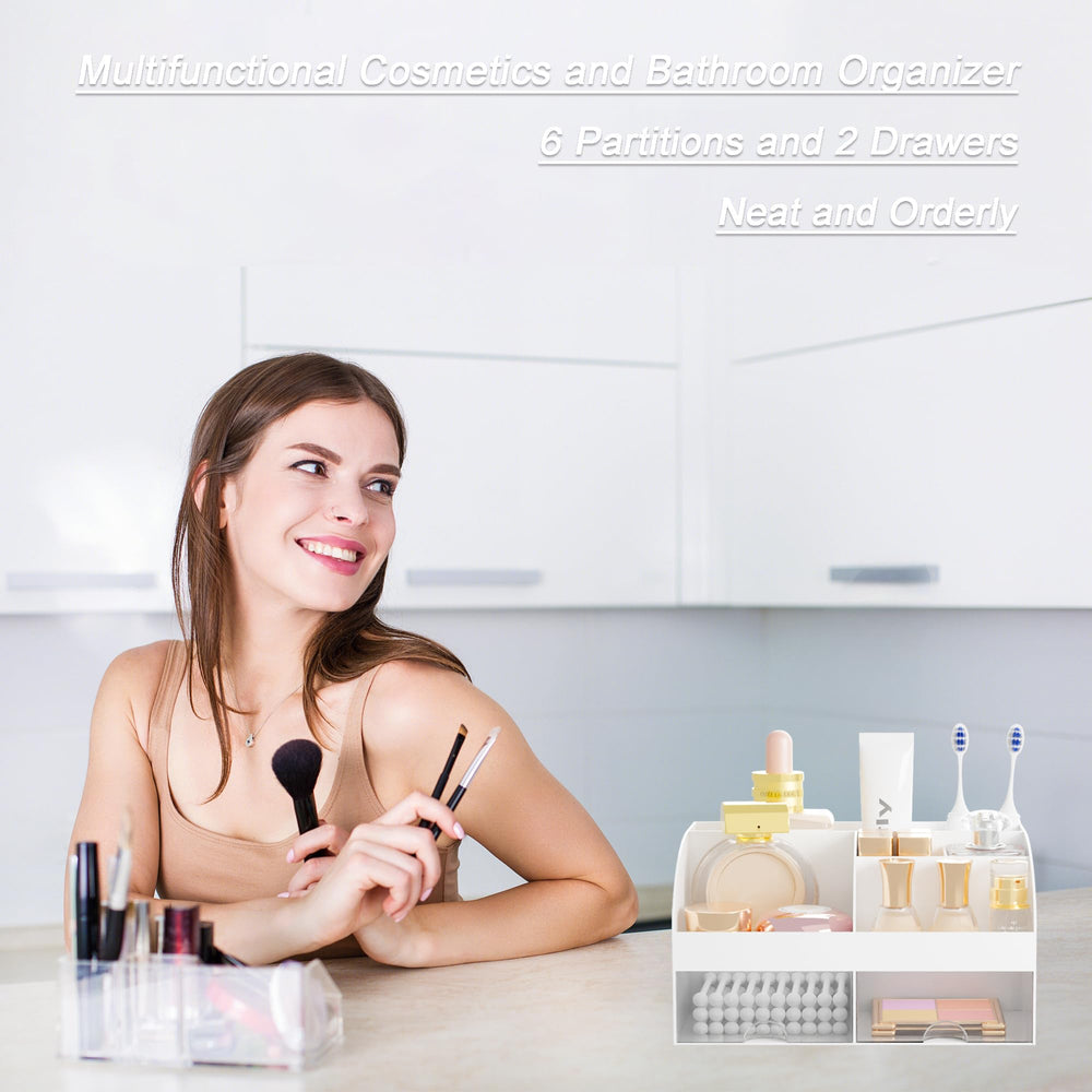 DIRZHX organizer on a vanity keeps skincare and cosmetics within easy reach.