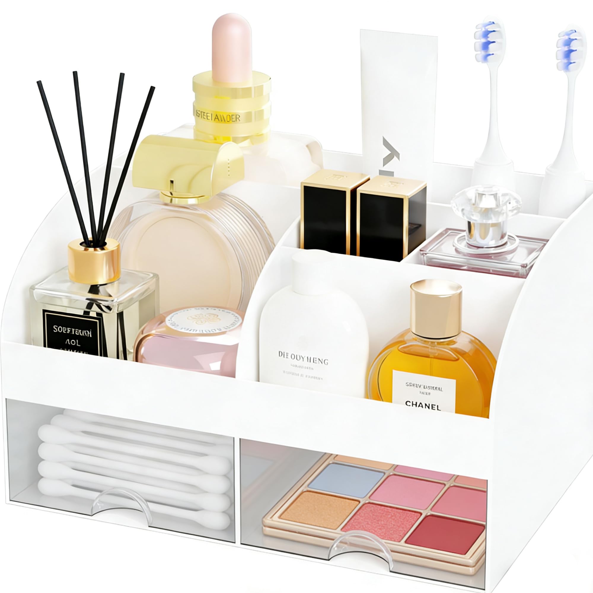 DIRZHX makeup organizer with two drawers — front view for easy access and neat display.