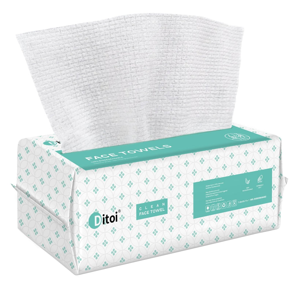 Ditoi disposable face towels in package showcasing soft, thick texture for everyday cleansing.