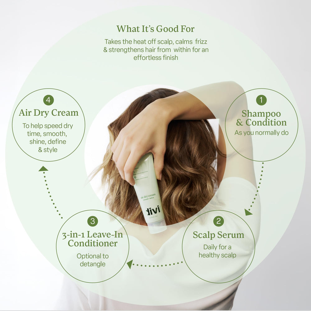 Divi Air Dry Styling Cream application hands demonstrates easy, natural styling.