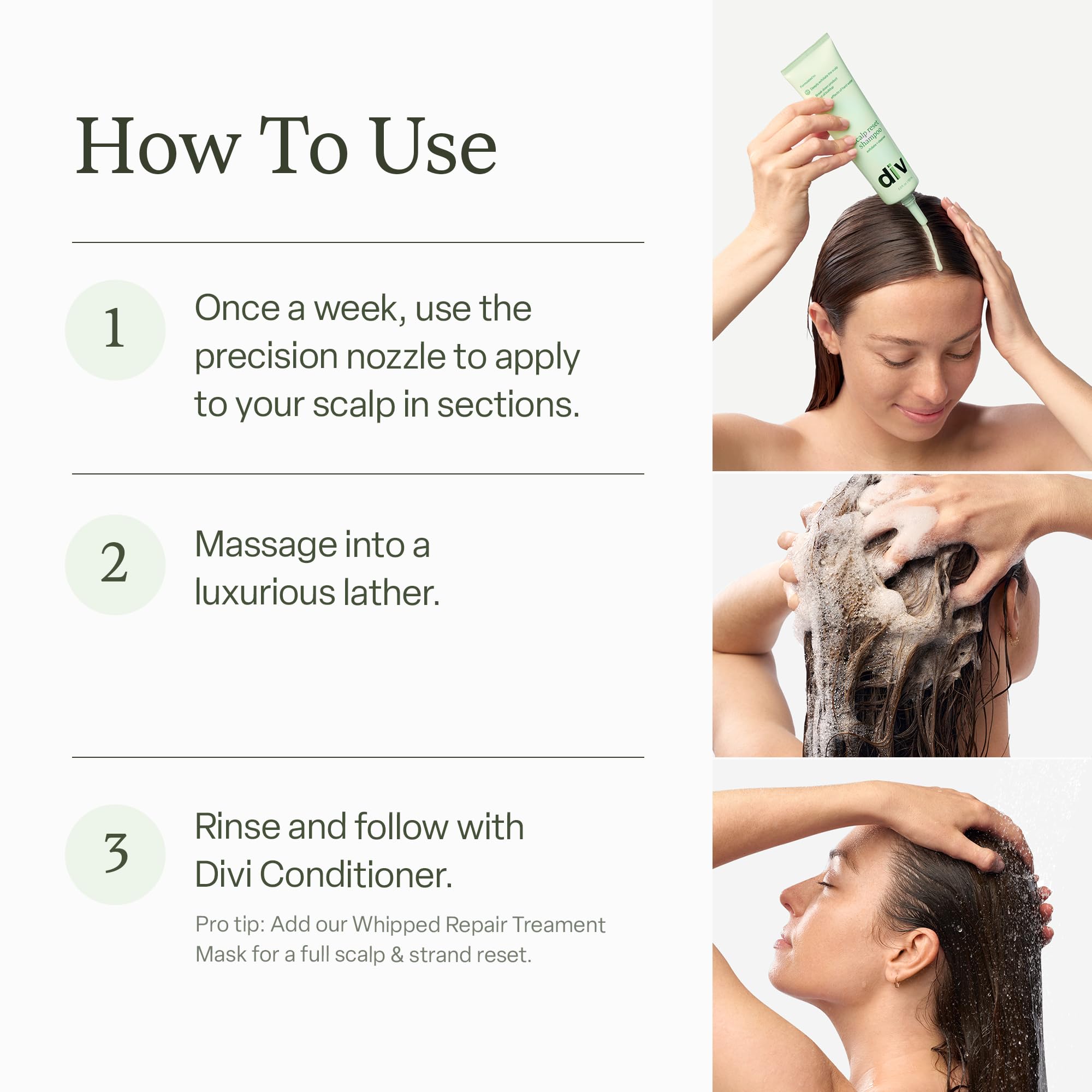 Divi Clarifying scalp-care close-up during application suggesting balanced scalp conditions