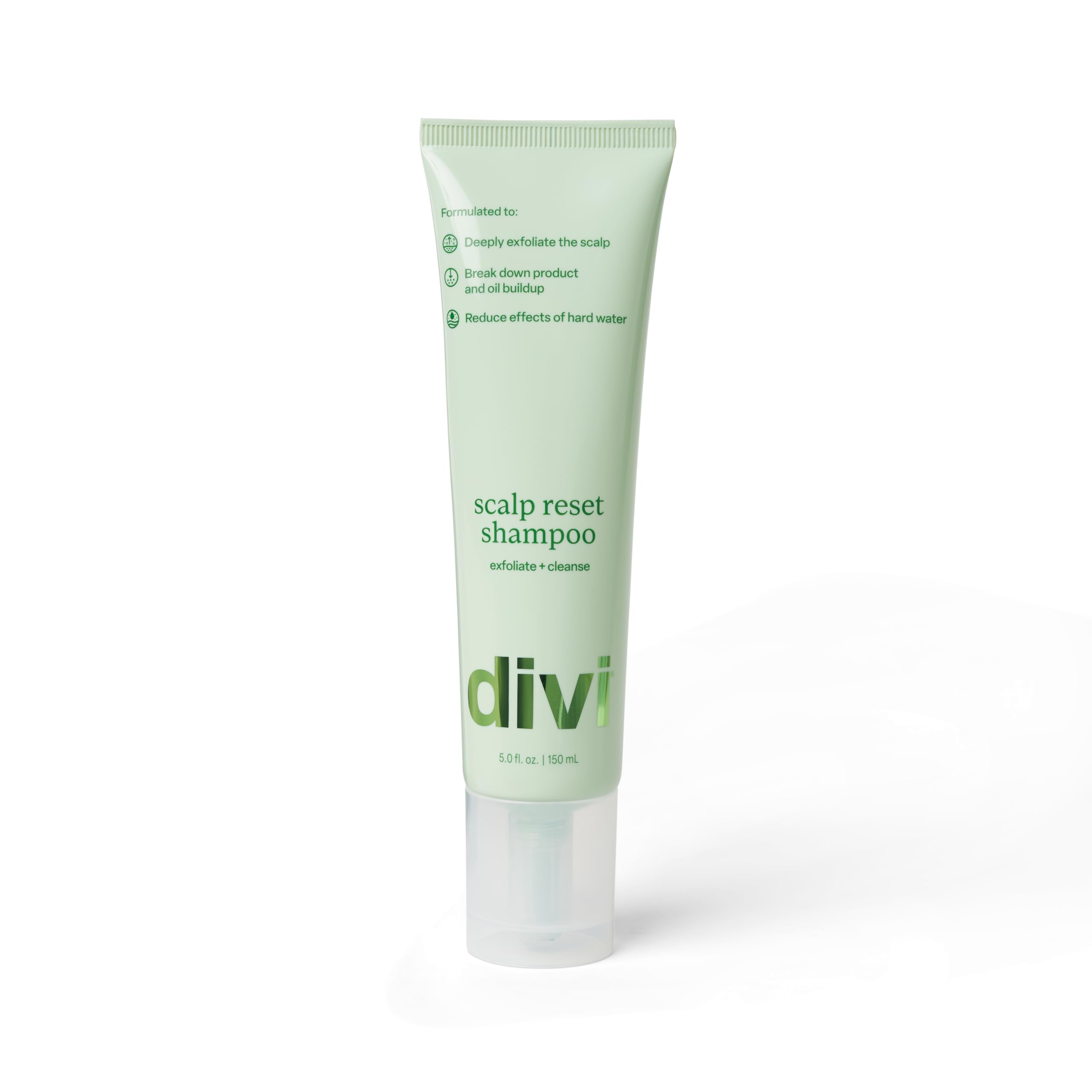 Divi Clarifying Scalp Reset Shampoo bottle being poured for a weekly deep cleanse