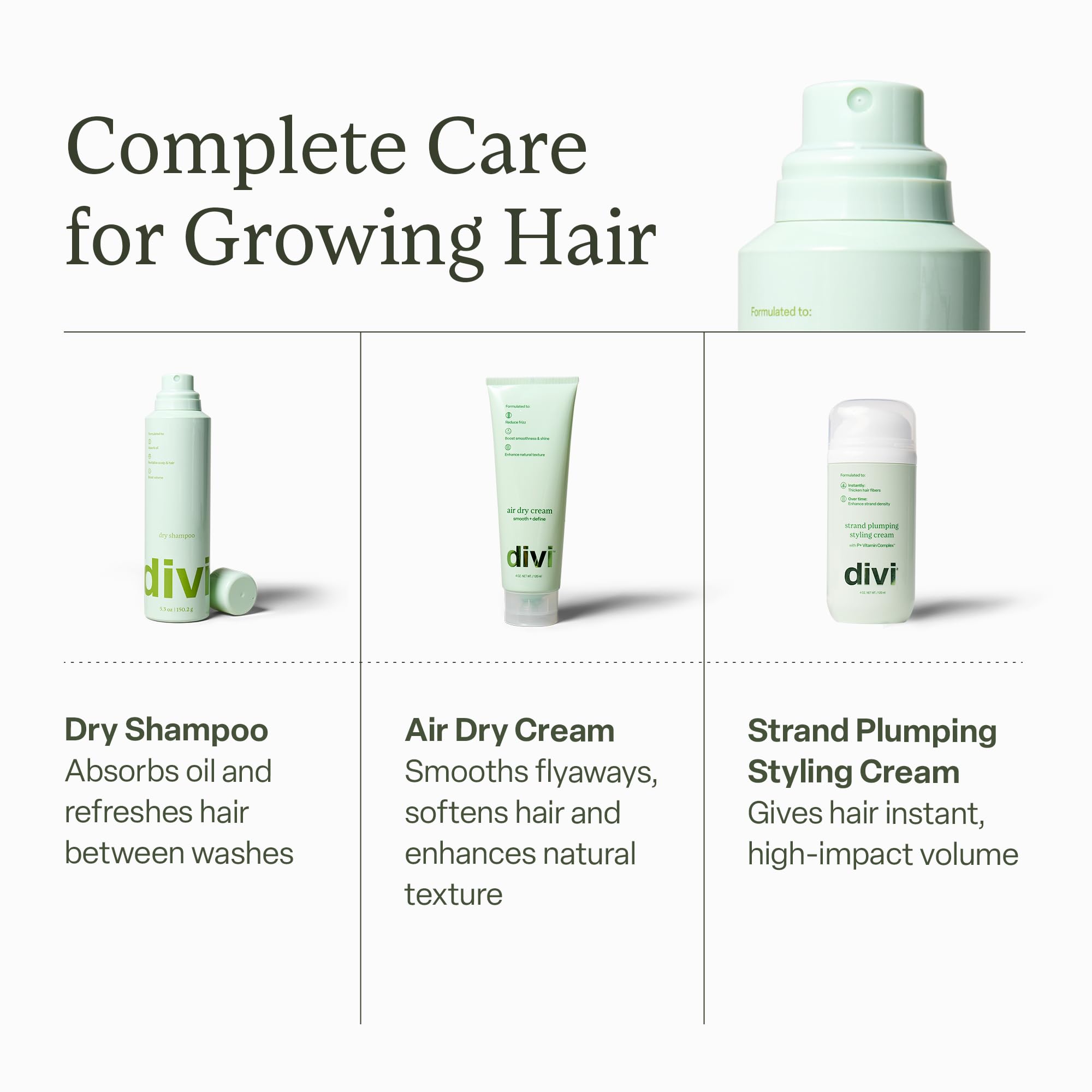 Divi dry shampoo bottle close-up with clean, premium design