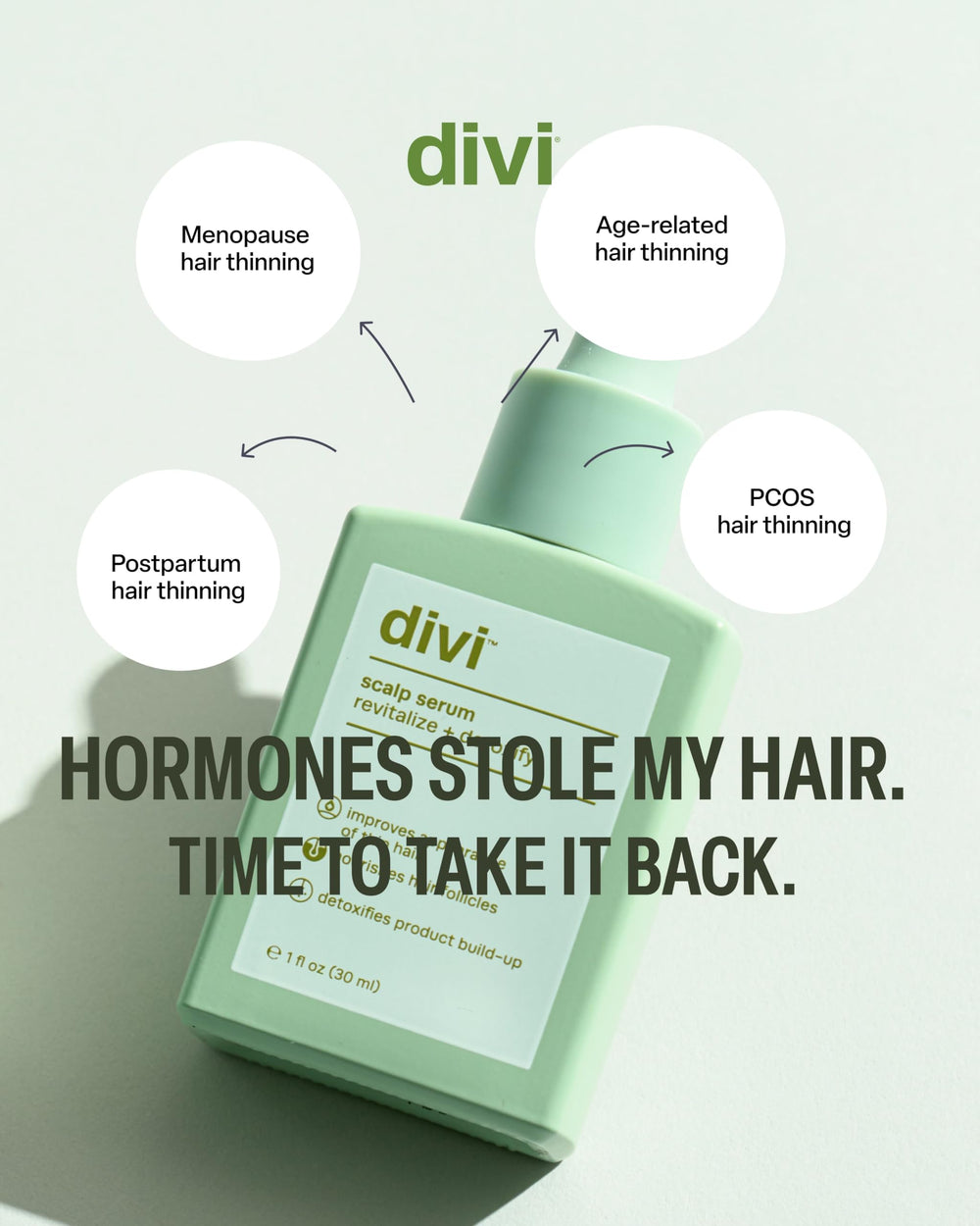 Divi serum amber vial with soft lighting emphasizes premium U.S.-made branding.