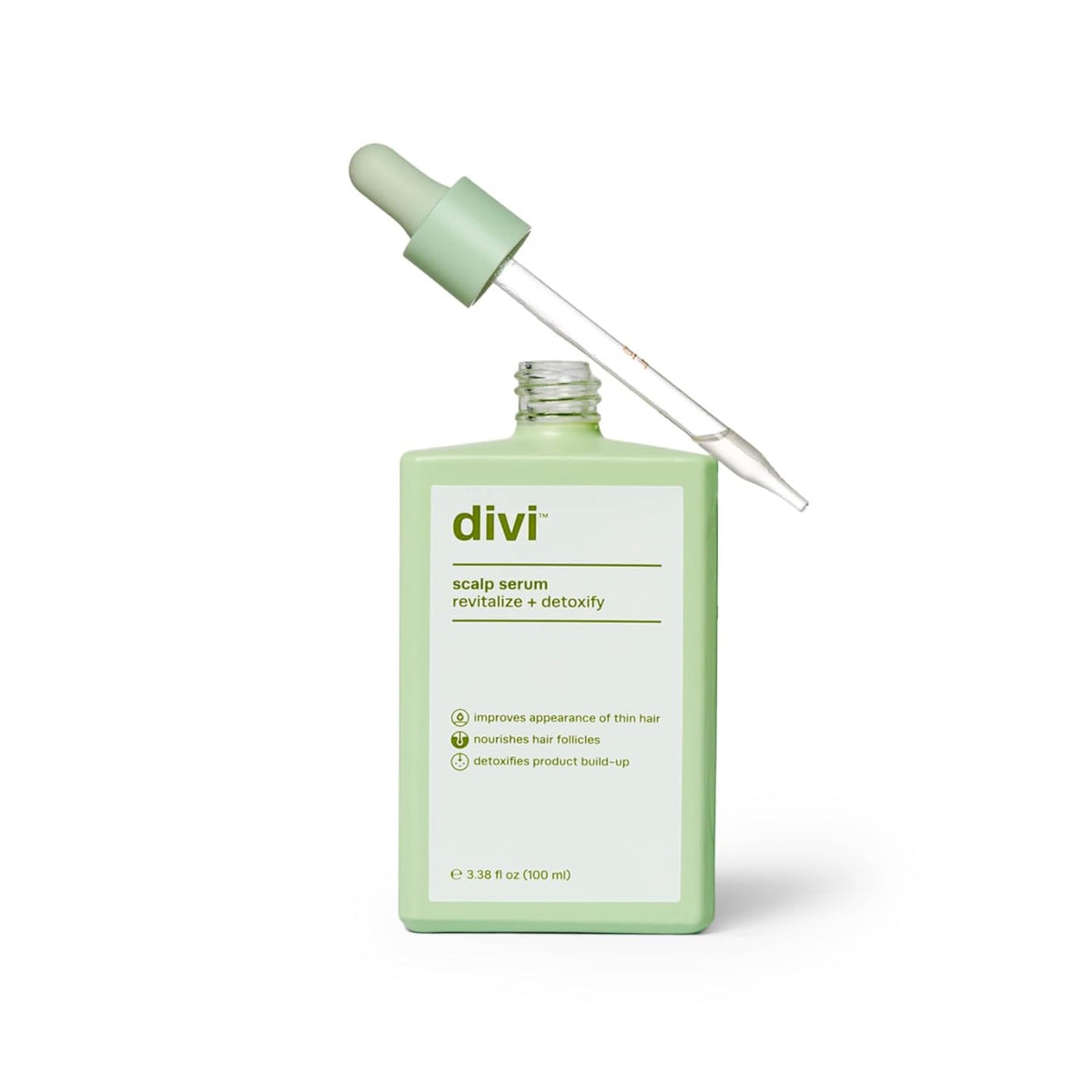 Divi hair serum bottle front view showcases premium formula for scalp care.