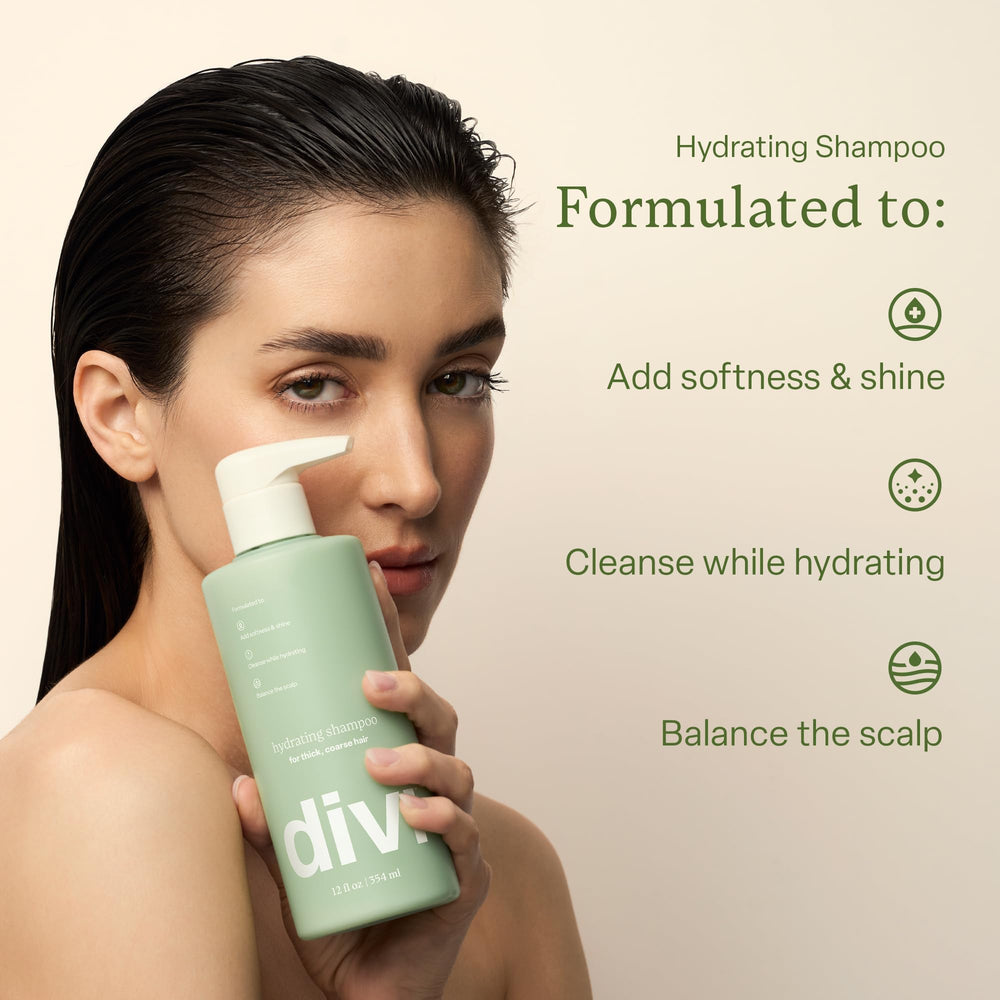 Divi Hydrating Conditioner bottle close-up highlighting nourished, manageable thick tresses